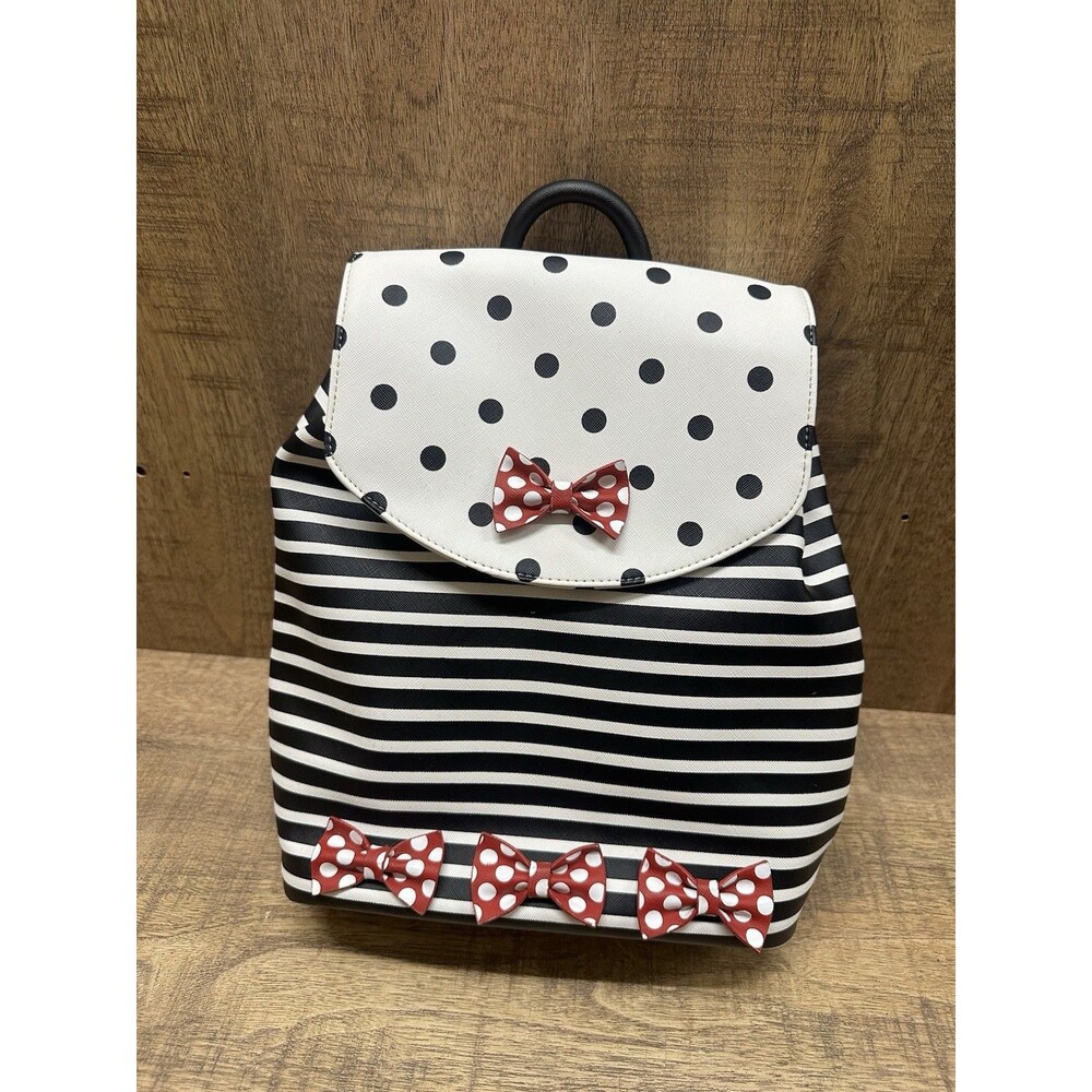 Disney Parks Paris Minnie Mouse black white stripe polkadot backpack - Picture 7 of 14